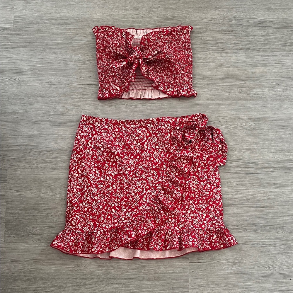 SHEIN Red Floral Mini Skirt Set